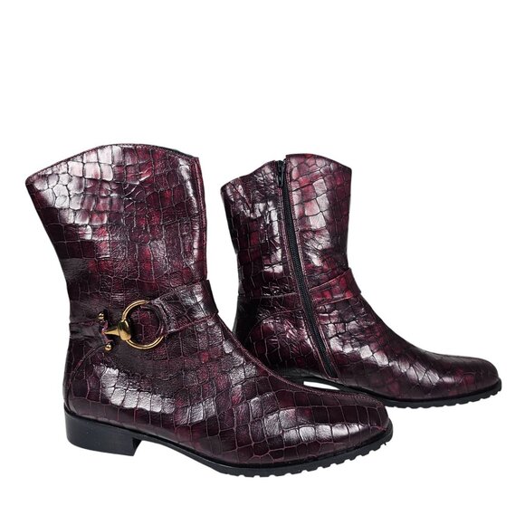 Amalfi By Rangoni Pria Burgundy Red Croc-Embossed Leather Ankle Boots Womens 10B - Picture 1 of 14